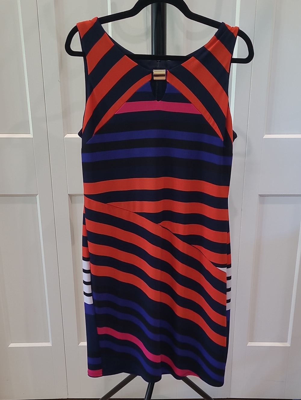 Frank Lyman Design Navy, Red & Pink Striped Midi Sheath Dress